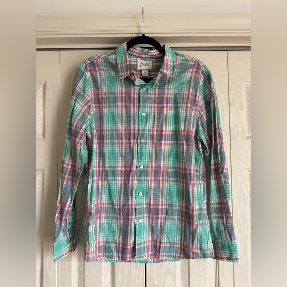 NWT Bixby Nomad Men’s Plaid Button Up Shirt Mint & Pink Size Medium Short